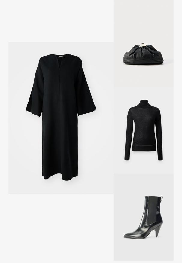 Sort langærmet turtle neck top lavet af letvægtsstof, med en tætsiddende design og minimale sømdetaljer, velegnet til lagdeling.; Lang sort kjole med brede ærmer og V-udskæring, præsenteret mod en hvid baggrund.; Sort, blanklæder ankelstøvle med spids tå, elastisk sidepanel, pull-tab bagpå og en mid-højde konisk hæl.; Sort læderclutch med en samlet tekstur, metal lukning og diskret præget logo på forsiden. Rundet form.