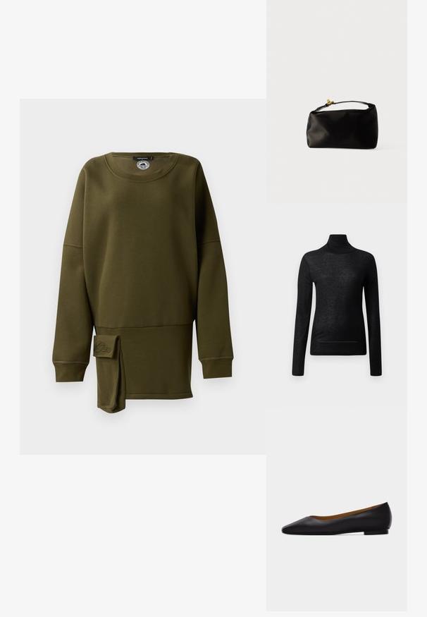 Top negro de manga larga y cuello alto, fabricado en tejido ligero, con un diseño ajustado y detalles de costura mínimos, ideal para superponer.; Sudadera verde oliva, material suave, cuello redondo, mangas largas, abertura lateral con acento de tela, detalle de logo bordado en la parte inferior delantera.; Zapato plano de punta puntiaguda de cuero negro con tacón bajo y acabado liso, mostrado de perfil sobre un fondo gris claro.; Bolsa de terciopelo negro con forma redondeada, un asa superior y un cierre de acento dorado. Textura suave con un diseño minimalista.