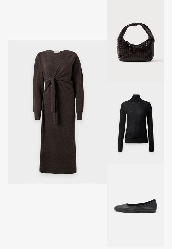 Čierny dlhý rukáv turtleneck top vyrobený z ľahkej tkaniny, s priliehavým strihom a minimálnymi švom, vhodný na vrstvenie.; Hnedé pletené šaty s dlhými rukávmi, s prekrývacím dizajnom a predným uzlom, s rebrovanými manžetami, s dĺžkou po stredný lýtko.; Čierne kožené baleríny s okrúhlou špičkou, hladkým povrchom, minimálnym prešívaním a flexibilným dizajnom podrážky.; Tkaná kožená kabelka v tmavo hnedej farbe, zaobleného tvaru s hrubým vrkočovým uchom. Má zipsové zapínanie a nenápadné označenie značky na boku.