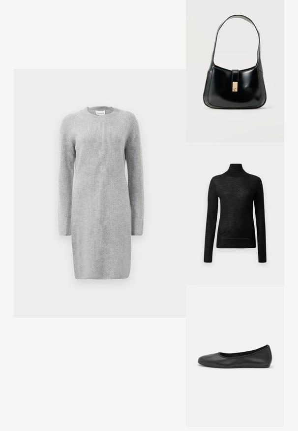 Sort langærmet turtle neck top lavet af letvægtsstof, med en tætsiddende design og minimale sømdetaljer, velegnet til lagdeling.; Grå ribbet strikkjole med lange ærmer, rund udskæring og sidesplitter. Stofstrukturen er blød med et ensartet lodret mønster.; Sort læderballetsko med rund tå, glat tekstur, minimal syning og et fleksibelt såldesign.; Sort blank læderhåndtaske med en enkelt skulderrem og en central rektangulær lås i guldfarvet metal på en ensfarvet lys baggrund.