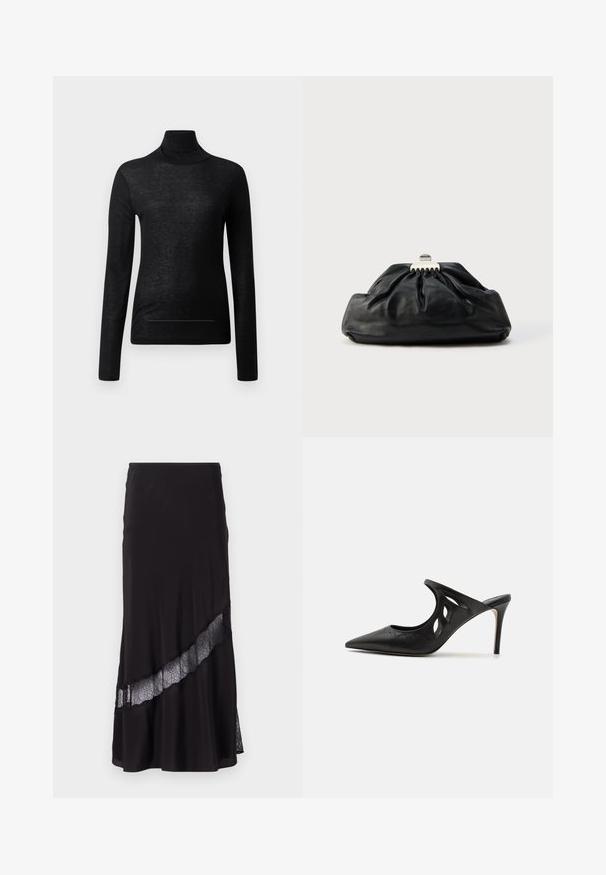 Sort langærmet turtle neck top lavet af letvægtsstof, med en tætsiddende design og minimale sømdetaljer, velegnet til lagdeling.; Sort nederdel lavet af glat stof, med en blonderindsats diagonalt henover kanten. Udvidet design med en subtil glans.; Sorte læder højhælede mules med spids tå, udskåret sideskærm og glat tekstur. Stiletthæl og subtil syning.; Sort læderclutch med en samlet tekstur, metal lukning og diskret præget logo på forsiden. Rundet form.