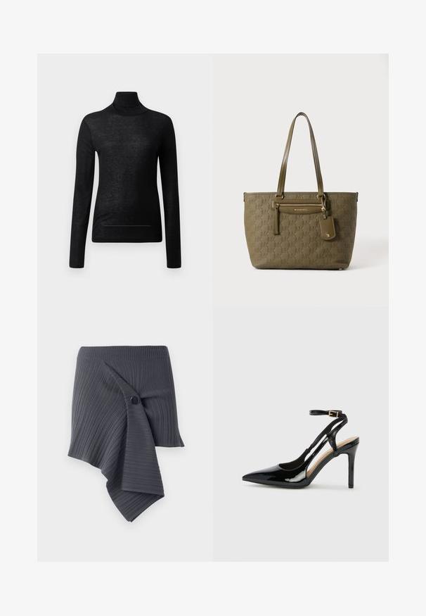 Sort langærmet turtle neck top lavet af letvægtsstof, med en tætsiddende design og minimale sømdetaljer, velegnet til lagdeling.; Mørkegrå ribbet omslagsskjørt med et snoet design og en rund sort knapaccent. Fremstillet af et struktureret, strækbart materiale.; Sorte laklæder højhælede slingback-sko med spids tå, justerbar ankelrem og åben sider. Glat tekstur.; Olivengrøn Michael Kors tote taske med præget logo mønster, dobbelte skulderstropper, forlynlomme og fastgjort lædermærke.