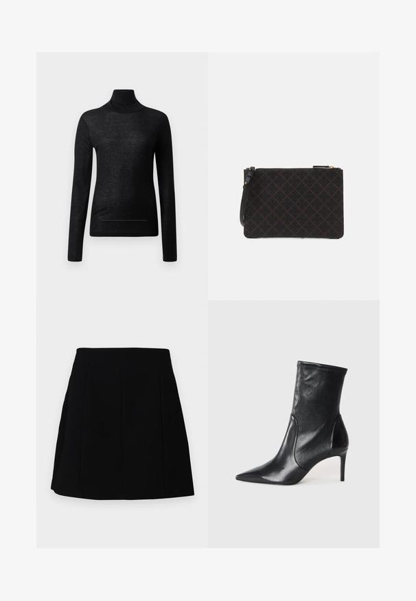 Haut noir à manches longues et col roulé en tissu léger, avec une coupe ajustée et des détails de couture minimaux, idéal pour le superposition.; Mini-jupe noire avec une silhouette structurée, présentant des coutures à l'avant et des poches latérales, fabriquée à partir d'un tissu lisse et léger.; Bottes noires à la cheville en cuir lisse, dotées d'un bout pointu, d'un tige ajustée et d'un talon haut fin. Design minimaliste sans quincaillerie visible.; Pochette noire texturée avec un motif en diamants, dotée d'une fermeture éclair et d'une bandoulière amovible. Accents en or sur la fermeture éclair.