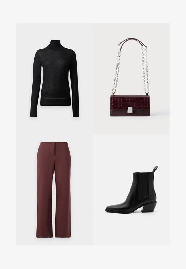 Schwarzes Langarm-Turtleneck-Oberteil aus leichtem Stoff, mit taillierter Passform und minimalen Nahtdetails, ideal zum Lagenlook.; Burgunderfarbene weit geschnittene Hose aus glattem Stoff, mit Reißverschluss, tailliertem Schnitt und klaren Linien für ein strukturiertes Erscheinungsbild.; Schwarze Leder-Stiefeletten mit spitzem Zeh, elastischen Seitenpanelen und einem niedrigen Blockabsatz. Mit einer Zuglasche an der Ferse für ein einfaches An- und Ausziehen.; Dunkel burgunderrote rechteckige Handtasche mit Kroko-Struktur Klappe, silberner rechteckiger Schnalle und doppelten silbernen Kettenriemen mit Leder-Schulterpolstern.