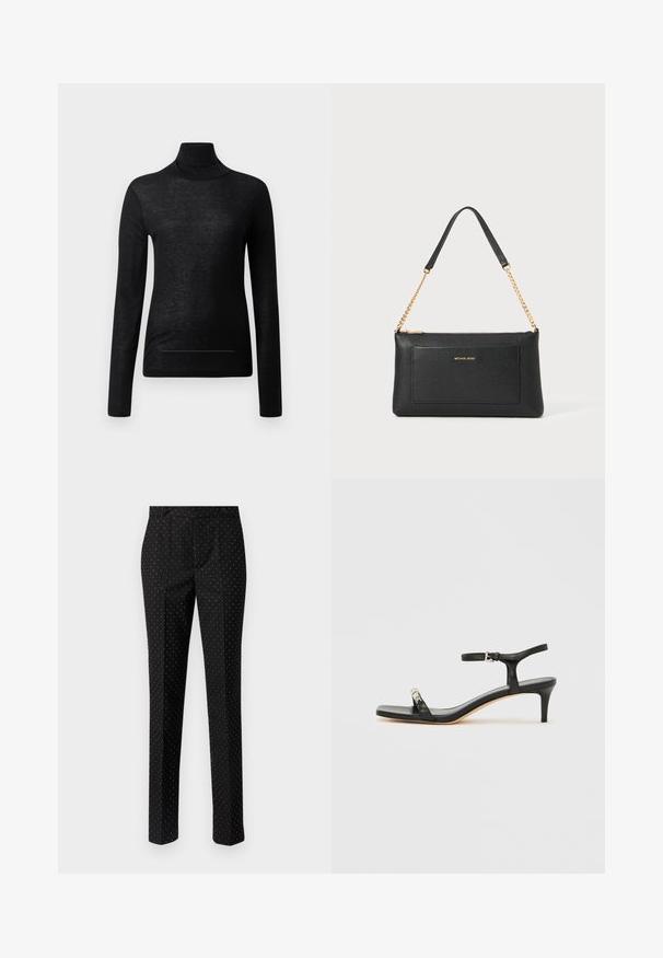 Sort langærmet turtle neck top lavet af letvægtsstof, med en tætsiddende design og minimale sømdetaljer, velegnet til lagdeling.; Sorte bukser med slank pasform, der har et diskret hvidt prikket mønster, to forlommer og en glat stoftekstur.; Sort læder sandal med hæl og ankelrem, åben tå, firkantet front og sølvfarvede metalaccenter. Figurformet design med en slank profil.; Sort læder clutch med pebble-tekstur, guld kædestrop og en frontlomme. Har et guld logo på forsiden.
