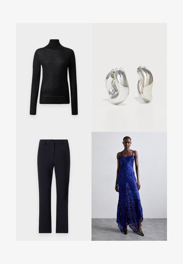 Sort langærmet turtle neck top lavet af letvægtsstof, med en tætsiddende design og minimale sømdetaljer, velegnet til lagdeling.; Marineblå skræddersyede bukser med flad front, bæltestropper, to sidelommer og lige ben. Lavet af et glat stof.; Blå og lilla dyreprint maxi kjole med tynde stropper, en tætsiddende bodice, flagrende kant og gennemsigtig overlay-detaljering.; Sølvskulpturelle øreringe med glatte, buede former og reflekterende overflader. Har et lukket hoop-design og en markant organisk form.