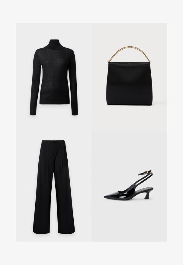 Haut noir à manches longues et col roulé en tissu léger, avec une coupe ajustée et des détails de couture minimaux, idéal pour le superposition.; Pantalons larges noirs en tissu lisse, dotés d'une taille haute et de détails plissés. Pas d'ornements ni de motifs visibles.; Escarpins à brides arrière en cuir verni noir, à bout pointu, avec un petit talon carré et une sangle de cheville ajustable dotée d'une boucle dorée.; Sac noir en tissu lisse, présentant une forme structurée, une poignée en chaîne dorée et un design géométrique minimaliste.