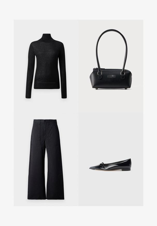 Sort langærmet turtle neck top lavet af letvægtsstof, med en tætsiddende design og minimale sømdetaljer, velegnet til lagdeling.; Bredde ben sorte bukser med høj talje, forlommer og en glat stoftekstur. Doble påsyede lommer foran tilføjer detalje.; Sorte patentlæder flade sko med spids tå, lille dekorativ rem og lav blokhæl. Glat tekstur og strømlinet design.; Sort rektangulær læderhåndtaske med dobbelte afrundede håndtag, lynlås i toppen og hvidt numerisk logo placeret midt på fronten.