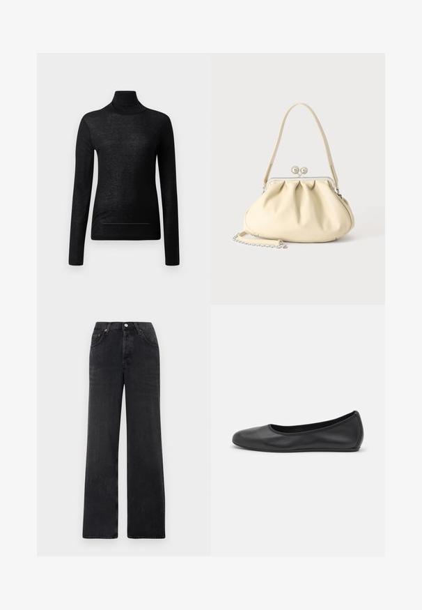 Haut noir à manches longues et col roulé en tissu léger, avec une coupe ajustée et des détails de couture minimaux, idéal pour le superposition.; Jean large noir en denim. Présente une taille haute, deux poches avant et une fermeture à bouton avec des accents en cuivre.; Ballerines en cuir noir avec un bout rond, texture lisse, détails de couture minimalistes et design de semelle flexible.; Sac à main en cuir souple couleur crème avec un design froncé, fermoir cadre argenté, poignée courte et bandoulière chaîne amovible.