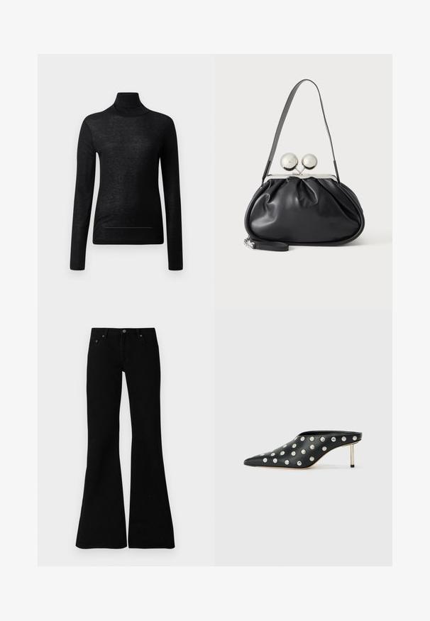 Sort langærmet turtle neck top lavet af letvægtsstof, med en tætsiddende design og minimale sømdetaljer, velegnet til lagdeling.; Sorte flagrende jeans lavet af denim, med et klassisk fem-lomme design, knaplukning og subtile syninger langs sømmene.; STAND STUDIO KELSEY - Mules med hæl - black; Sort læderhåndtaske med opsamlet design, en enkelt rem, sølv metalramme og to store runde sølv lukninger.