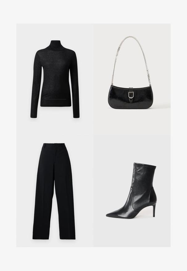 Top negro de manga larga y cuello alto, fabricado en tejido ligero, con un diseño ajustado y detalles de costura mínimos, ideal para superponer.; Pantalones de talle alto de pierna ancha en negro, con cierre de botón y cremallera, trabillas para cinturón y un acabado de tela limpio y suave.; Botas negras hasta el tobillo hechas de cuero suave, con punta afilada, caña ajustada y tacón alto delgado. Diseño minimalista sin herrajes visibles.; Bolso de hombro de charol negro con detalle de hebilla plateada y correa de cadena plateada, presentado sobre un fondo liso y claro.