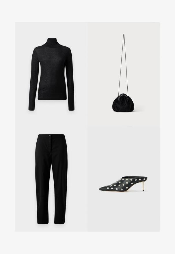 Top negro de manga larga y cuello alto, fabricado en tejido ligero, con un diseño ajustado y detalles de costura mínimos, ideal para superponer.; Pantalones rectos negros con cierre de botón y cremallera, tejido suave y detalles mínimos sobre un fondo claro.; STAND STUDIO KELSEY - Mules de tacón - black; Pequeño bolso negro de pelo sintético con asas superiores trenzadas y larga correa delgada para el hombro sobre fondo liso.