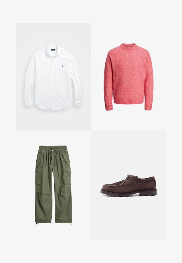 Zachte roze crew-neck trui met lange mouwen en geribde manchetten en zoom, weergegeven op een witte achtergrond.; Witte lange mouwen knoopshirt van katoen. Heeft een klassieke kraag, normale pasvorm en een klein marineblauw logo op de borst.; Olijfgroene cargo broek met een elastische tailleband, koord, meerdere zijzakken en taps toelopende manchetten. Gemaakt van duurzaam katoen.; Bruine leren veterschoen met dikke geribbelde zool en moc toe-stiksels op een effen lichte achtergrond.