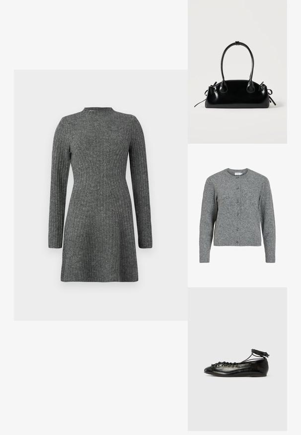 Cardigan en laine gris avec un col rond, des manches longues et six boutons décoratifs en métal argenté sur le devant. Texture douce, design minimaliste.; Robe côtelée, longueur genoux en gris foncé avec des manches longues et un col haut, fabriquée à partir d'un tissu doux et texturé.; Ballerines en cuir verni noir avec un bout rond, un design à lacets et une semelle plate. Texture lisse avec peu de détails.; Petit sac à main noir brillant avec deux longues anses et des détails à cordon sur les côtés sur un fond clair uni.