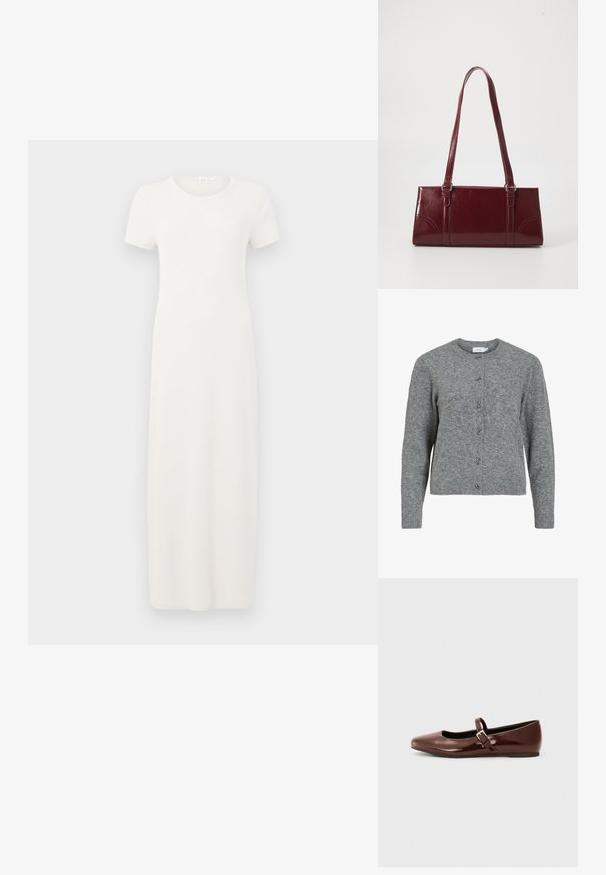 Grå uld cardigan med rund hals, lange ærmer og seks dekorative sølvfarvede knapper foran. Blød tekstur, minimalistisk design.; Beige, kortærmet kjole i knælængde lavet af blødt bomuldsstof. Har rund halsudskæring og en enkel, lige silhuet.; Brun patentlæder balletflade med firkantet tå og strop med en lille guldbuckle. Glat tekstur, lav hæl og minimalistisk design.; Bordeaux håndtaske lavet af glansfuldt materiale, rektangulær form, med to skulderremme og subtile buede detaljer på forsiden.