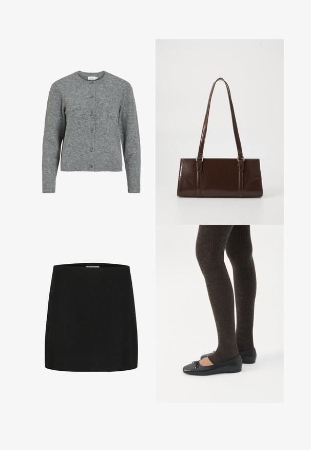 Cardigan de lana gris con cuello redondo, mangas largas y seis botones decorativos de tono plateado en el frente. Textura suave, diseño minimalista.; Minifalda negra hecha de un tejido texturizado, con un corte simple y recto, sin adornos ni patrones visibles.; Piernas con leggings oscuros acanalados combinados con bailarinas negras que presentan pequeños detalles de lazo sobre un fondo blanco.; Bolso de mano de piel sintética marrón con forma rectangular, dos asas largas y sutiles acentos curvados en la parte delantera.
