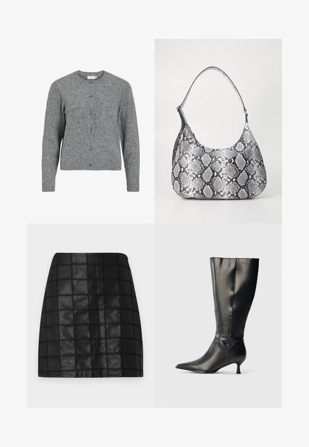 Cardigan de lana gris con cuello redondo, mangas largas y seis botones decorativos de tono plateado en el frente. Textura suave, diseño minimalista.; Minifalda de cuero negro con un patrón de cuadrícula texturizado, presenta costuras elevadas y una silueta ajustada. El acabado liso realza el diseño.; Bota negra de cuero hasta la rodilla, con punta afilada y tacón bajo tipo kitten, mostrada sobre un fondo claro y sencillo.; Bolso de hombro con estampado de serpiente en blanco y negro, de forma redondeada, textura suave y correa curvada. Presenta un acento de hardware plateado.