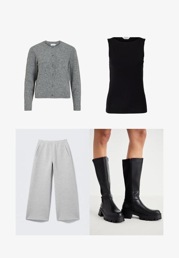 Cardigan en laine gris avec un col rond, des manches longues et six boutons décoratifs en métal argenté sur le devant. Texture douce, design minimaliste.; Haut noir sans manches, cintré, avec encolure ronde et étiquette de marque blanche à l'intérieur du col.; Pantalon de survêtement gris clair en tissu doux, doté d'une coupe à jambes larges, d'une ceinture élastique et de deux poches latérales.; Cuissardes noires en simili cuir lisse avec une semelle épaisse, fermeture éclair sur le côté et bout arrondi.