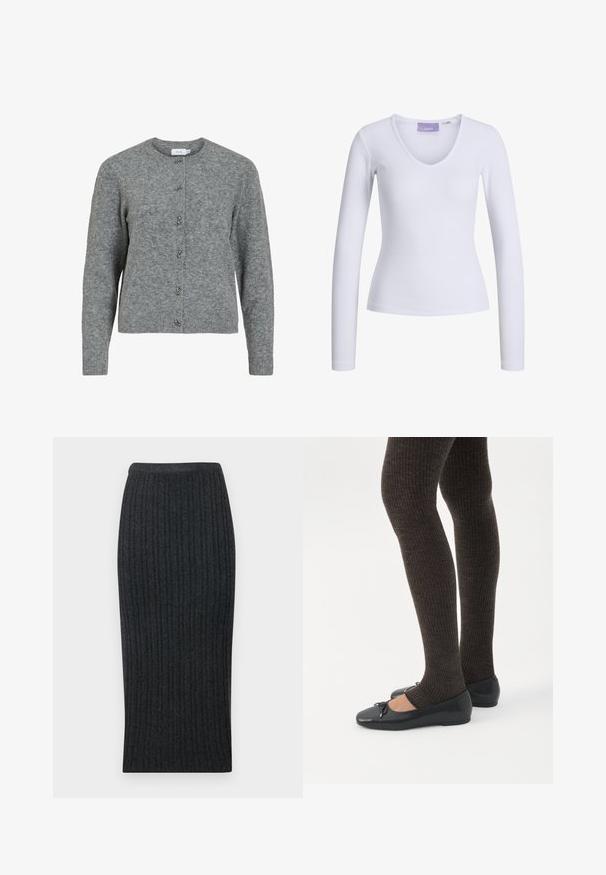 Grå uld cardigan med rund hals, lange ærmer og seks dekorative sølvfarvede knapper foran. Blød tekstur, minimalistisk design.; Hvid langærmet top med ribbet tekstur og V-udskæring. Etikette synlig indeni halsen med mærkenavnet "JJXX."; Mørkegrå ribbet strikket midikjole med en tætsiddende silhuet og elastisk talje. Har lodret ribbning for tekstur.; Ben iført mørke ribbede leggings kombineret med sorte balletsko med små sløjfedetaljer på hvid baggrund.