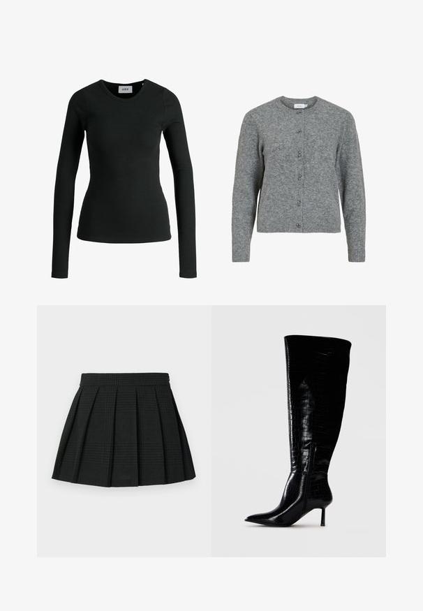 Šedý vlnený kardigán s okrúhlym výstrihom, dlhými rukávmi a šiestimi dekoratívnymi striebornými gombíkmi na prednej strane. Mäkka textúra, minimalistický dizajn.; Čierno-ribovaný top s dlhými rukávmi vyrobený z elastického materiálu s okrúhlym výstrihom. Obsahuje bezšvovú konštrukciu a priliehavý strih.; Čierna plisovaná sukňa vyrobená z textúrovanej tkaniny. Obsahuje pás a jemný károvaný vzor po celom povrchu. Krátka dĺžka s vrstvovými plisami.; Čierne čižmy po kolená s lesklou, krokodílovou vzorom. Špicatá špička a tenký podpätok; obsahuje bočný zips pre uzatvorenie.