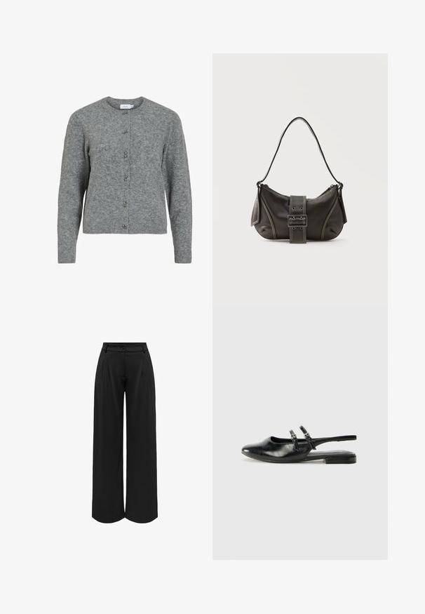 Grå uld cardigan med rund hals, lange ærmer og seks dekorative sølvfarvede knapper foran. Blød tekstur, minimalistisk design.; Sorte brede bukser med en tætsiddende talje, frontplys og knaplukning. Fremstillet af et let materiale med en glat overflade.; Sorte læder slingback-sko med spids tå, to spændeaccenser og en lav hæl. Glat tekstur og raffineret design.; Sort læder skuldertaske med spænde på remmen, afrundede kanter og kontrasterende hvide syninger på en ensfarvet baggrund.