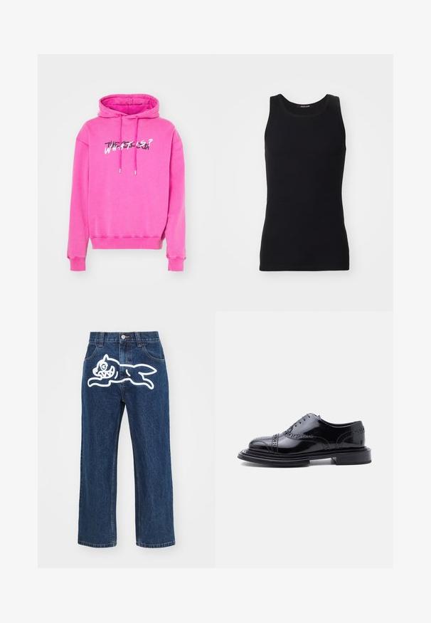 Roze hoodie met een trekkoordkap, ribgebreide boorden en een grafische print met de tekst "WAT IS?" in contrasterende kleuren op de voorkant.; Zwarte tanktop gemaakt van een gladde, rekbare stof. Heeft een ronde halslijn en geen mouwen, met een slim fit en een eenvoudig ontwerp.; Donkerblauwe wijde jeans met een grote witte cartoonhond graphic op de achterzak. Denimtextuur, traditionele vijf-pocket ontwerp.; Zwarte gepolijste leren brogue nette schoen met vleugelpunten en gestapelde hak, zijaanzicht op een witte achtergrond.