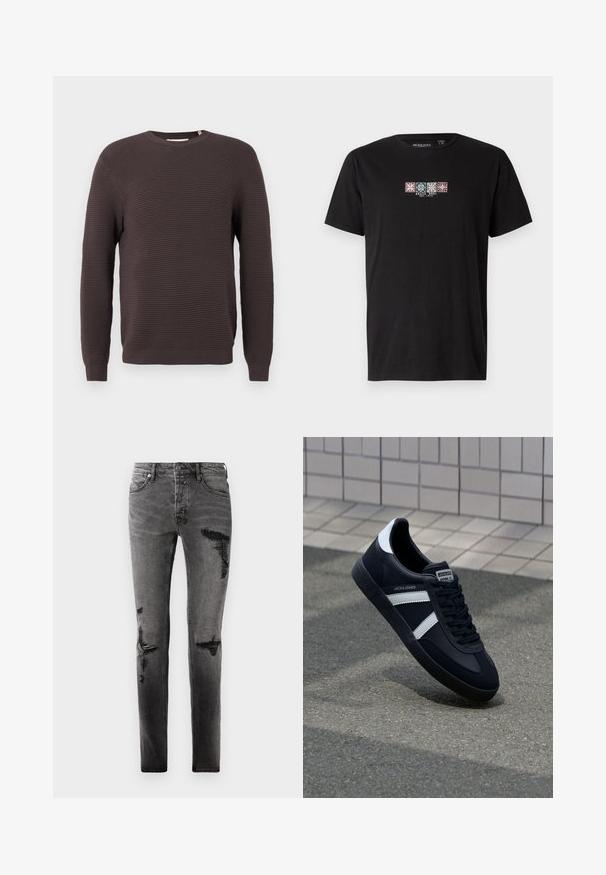 Dunkelbrauner, gerippter Strickpullover mit Rundhalsausschnitt, langen Ärmeln und eng anliegenden Bündchen.; Schwarzes Baumwoll-T-Shirt mit einem vorderen Grafikdruck von vier bunten geometrischen Mustern und dem Text "BRAVE SOUL EST. 1972" in der Mitte.; Schwarze Denim-Jeans mit Rissdetails, schlankem Schnitt, fünf Taschen und klassischem Reißverschluss. Abgetragenes Aussehen mit verblassten Stellen.; Schwarze Leder-Sneaker mit weißen Streifen, strukturiertem Gummisohle und Schnürung. Verfügt über ein Markenetikett auf der Zunge.