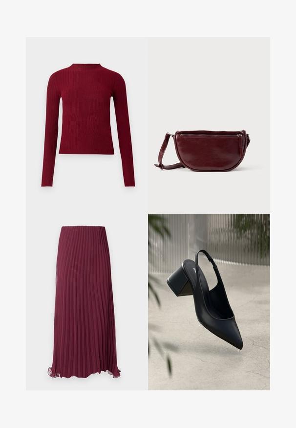Langarm, ribbelgebreide trui in diep rood met een hoge halslijn en een aansluitende silhoutte tegen een effen achtergrond.; Lange bordeauxrode geplooide rok van lichtgewicht stof met een elastische tailleband en een licht gerimpelde zoom. Geweven verticale plooien door de hele rok.; Zwarte leren slingback hak met een spitse neus en een blokhak. Glad oppervlak, minimalistisch ontwerp en verstelbare enkelband.; Dieprode lederen handtas met een halve-maansvorm, een ritssluiting en een afneembare riem. Gladde textuur met een subtiele glans.