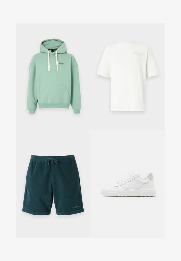 Sean John SCRIPT LOGO PEACHED CITY HOODIE - Jersey con capucha - light green; Camiseta blanca de rayas con mangas cortas, que presenta un pequeño logo bordado en marrón claro en el área del pecho izquierdo. Textura suave y ajuste holgado.; Bañador de pana en color verde azulado oscuro con cintura elástica y cordón. Presenta un logo en la parte inferior de la pierna derecha. Textura suave, diseño hasta la rodilla.; Zapatillas de cuero blanca con un acabado suave, punta redondeada, cordones planos y una suela texturada. Acento de ante gris en el talón.