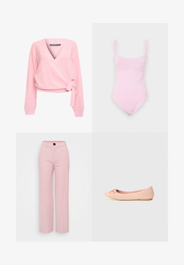 Threadbare Pullover - pink; Good American TANK - Débardeur - flora; Pantalons large en rose clair avec une texture lisse, dotés d'un bouton noir et d'une taille classique. Aucune poche supplémentaire visible.; Ballerine en matériau synthétique rose clair avec un bout arrondi, ornée d'un petit nœud et d'une semelle flexible.