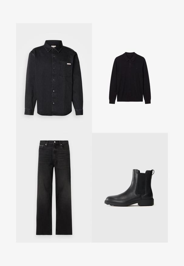 Schwarzes langärmliges Poloshirt mit zwei Knöpfen und gerippten Bündchen, mit kleinem dezentem Logo auf der linken Brustseite.; Schwarze Jeanshemd mit spitzem Kragen, langen Ärmeln, einer einzelnen Brusttasche und einem kleinen Markenetikett auf der Tasche.; Schwarze Jeans mit geraden Beinen, fünf Taschen, Gürtelschlaufen und Knopfverschluss, auf weißem Hintergrund dargestellt.; Schwarze Leder-Stiefelette mit elastischen Seiteneinsätzen, Zugschlaufe an der Ferse und niedrigem Blockabsatz vor einem schlichten Hintergrund.