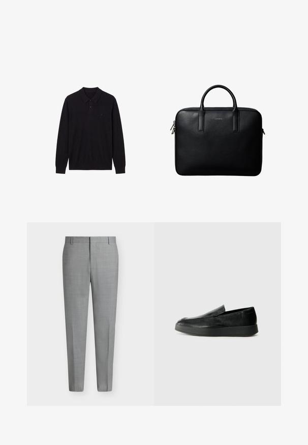 Polo noir à manches longues avec deux boutons et poignets côtelés, orné d'un petit logo discret sur la poitrine gauche.; Pantalon de costume gris clair sur mesure avec passants de ceinture, devant plat et coupe droite sur fond blanc.; Calvin Klein HYBRID CUP - Chaussons - triple black; Mallette en cuir noir texturé avec double poignées et tirettes de fermeture éclair argentées, centrée sur fond blanc.