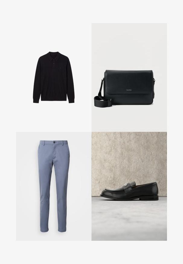 Polo noir à manches longues avec deux boutons et poignets côtelés, orné d'un petit logo discret sur la poitrine gauche.; Chinos slim-fit de couleur bleu clair en coton. Dotés d'une fermeture à bouton et de poches latérales, avec une texture lisse et un look ajusté.; Mocassin en cuir noir avec une plaque de marque en métal reposant près d'une table ronde marron sur un sol recouvert de moquette beige.; Sac messager en cuir noir à surface texturée, avec une bandoulière ajustable et un rabat avant affichant un logo discret. Forme compacte et rectangulaire.