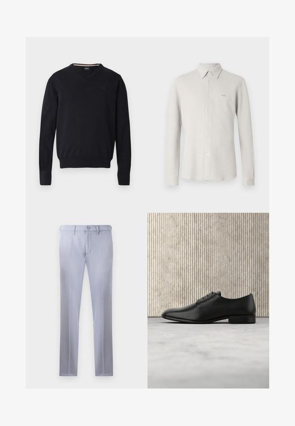Sort v-hals sweater lavet af blødt strikket stof. Har lange ærmer, ribbede manchetter og kant samt præget logodetalje på brystet.; Lysegrå skjorte med knapper foran, tekstureret stof, krave og lange ærmer; har et diskret "BOSS"-logo på brystet.; Lysegrå skræddersyede bukser lavet af glat stof, med knaplukning, bæltestropper og lige ben. Ingen synlige lommer.; Sorte læderdressko med et elegant design, rund tå, fem snøre-læseøjer og en lille hæl. Diskret prægede logo-detaljer.