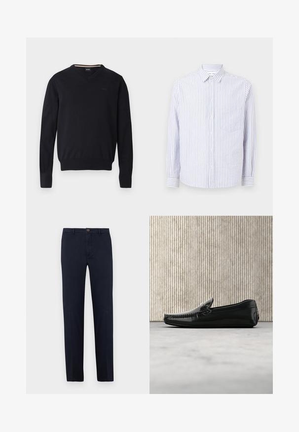 Sort v-hals sweater lavet af blødt strikket stof. Har lange ærmer, ribbede manchetter og kant samt præget logodetalje på brystet.; Stribet skjorte i lyseblå og hvid. Har en spids krave, lange ærmer og en enkelt brystlomme. Bomuldsstof.; Marineblå bomuldsbukser med lige ben, foran lynlås og enkelt knaplukning. Glat tekstur uden synlige mønstre.; Sorte læder loafers med en blank overflade, rund tå og dekorativt hardware foran. Lavprofil gummisål. Glat tekstur.