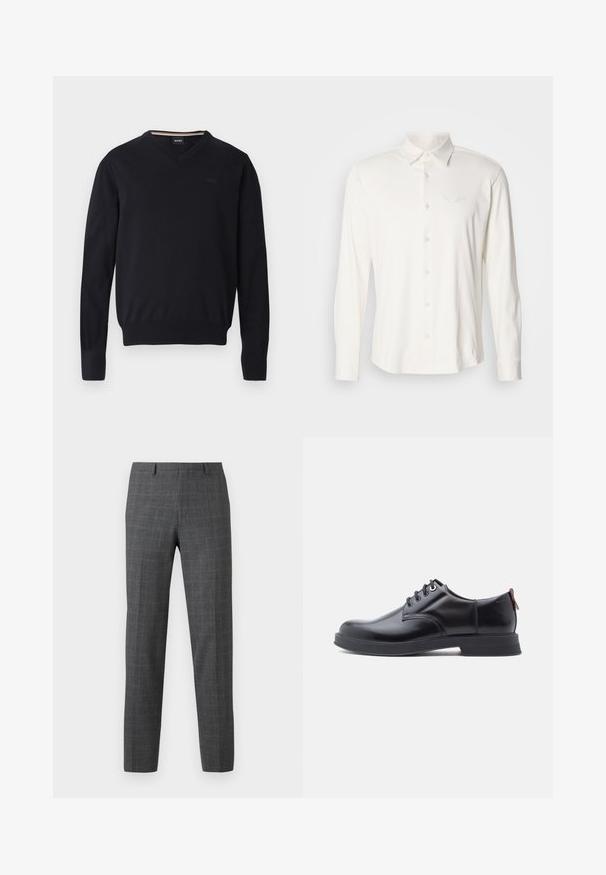 Sort v-hals sweater lavet af blødt strikket stof. Har lange ærmer, ribbede manchetter og kant samt præget logodetalje på brystet.; Langærmet hvid skjorte lavet af blødt stof med knappet krave og broderet logo på brystet. Glat tekstur, klassisk design.; Gråternet bukser med en skræddersyet pasform, der har en glat tekstur, lige ben og subtile sydetaljer.; Sorte snørestøvler i læder med glat tekstur, rundet tå og diskrete syningsdetaljer. Har en rød trækflig på hælen.