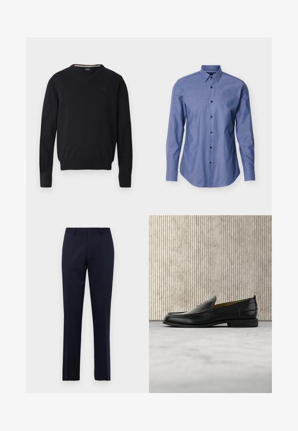 Pull noir à col en V en tissu tricoté doux. Caractéristiques : manches longues, poignets et ourlet côtelés, avec un détail de logo embossé sur la poitrine.; Chemise bleue à manches longues avec un col pointu et des boutons noirs sur le devant, présentée sur un fond blanc.; Pantalons formels ajustés bleu marine avec passants de ceinture et plis repassés, présentés sur fond blanc uni.; Mocassin pour homme en cuir noir avec un dessus embossé effet croco et un petit talon, présenté de profil sur un fond neutre.