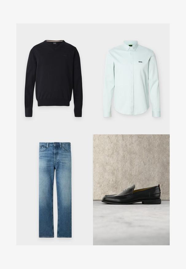 Pull noir à col en V en tissu tricoté doux. Caractéristiques : manches longues, poignets et ourlet côtelés, avec un détail de logo embossé sur la poitrine.; Chemise bleu clair à manches longues avec col boutonné, ornée d'un logo noir "BOSS" sur la poitrine gauche.; Jean bleu moyen à jambes droites avec légère décoloration, design classique à cinq poches, fermeture par boutons et passants pour ceinture.; Mocassin pour homme en cuir noir avec un dessus embossé effet croco et un petit talon, présenté de profil sur un fond neutre.