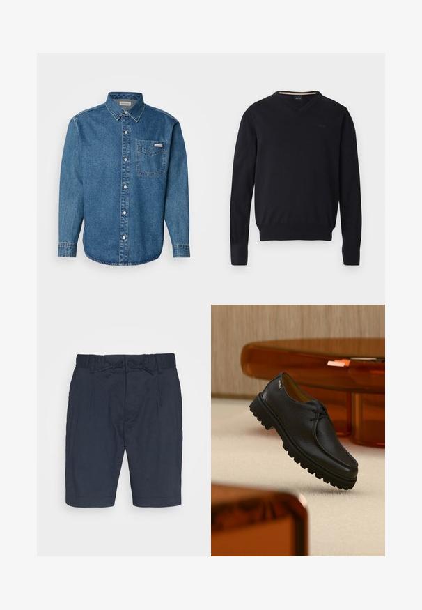 Schwarzer V-Ausschnitt-Pullover aus weichem Strickstoff. Ausgestattet mit langen Ärmeln, gerippten Bündchen und Saum sowie einem geprägten Logodetail auf der Brust.; Blaues Denim-Hemd mit langen Ärmeln, Button-Down-Kragen, Brusttasche und kontrastierenden Nähten. Der Stoff hat eine glatte Textur und einen lässigen Stil.; Marineblaue Leinen-Shorts mit elastischem Bund, Kordelzugverschluss und zwei vorderen Falten. Sie haben eine lockere Passform und umnähtes Bein.; Schwarzer, strukturierter Leder-Schnürschuh mit dicker, profilierter Sohle, mit dem Markenschriftzug "HUGO" nahe der Ferse, präsentiert vor einem beigen Teppich und bernsteinfarbenen Möbeln.