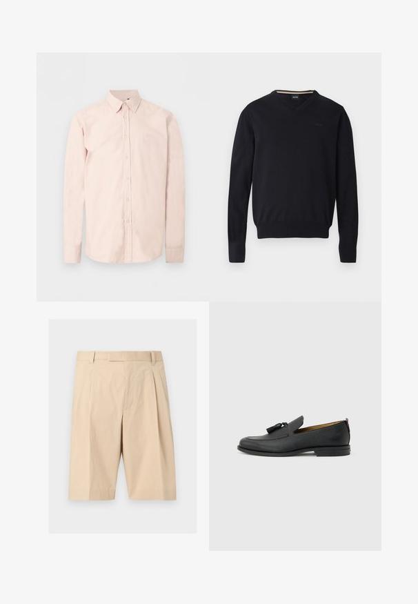 Pull noir à col en V en tissu tricoté doux. Caractéristiques : manches longues, poignets et ourlet côtelés, avec un détail de logo embossé sur la poitrine.; Chemise rose clair à manches longues avec boutons, col pointu, logo discret sur la poitrine et poignets boutonnés sur un fond blanc uni.; Shorts beige mi-long cintrés avec passants pour ceinture, plis à l'avant et fermeture éclair cachée sur le devant.; Mocassin pour homme en cuir noir avec pompons, bout arrondi, petit talon et languette à l'arrière, présenté de profil sur un fond gris clair.