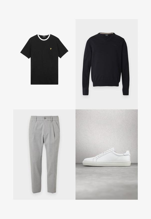 Sort v-hals sweater lavet af blødt strikket stof. Har lange ærmer, ribbede manchetter og kant samt præget logodetalje på brystet.; Sort T-shirt med hvid krave og ærmekanter, lavet af bomuld. Har en lille gul broderet ørnelogo på brystet.; Grå skræddersyede bukser med en glat tekstur, der har et plisseret design, frontlommer, bæltestropper i taljen og en knaplukning.; Hvide sneakers med en glat læderoverdel og lav profil. Har en rund tå, seks snørehuller og en tekstureret gummisål.