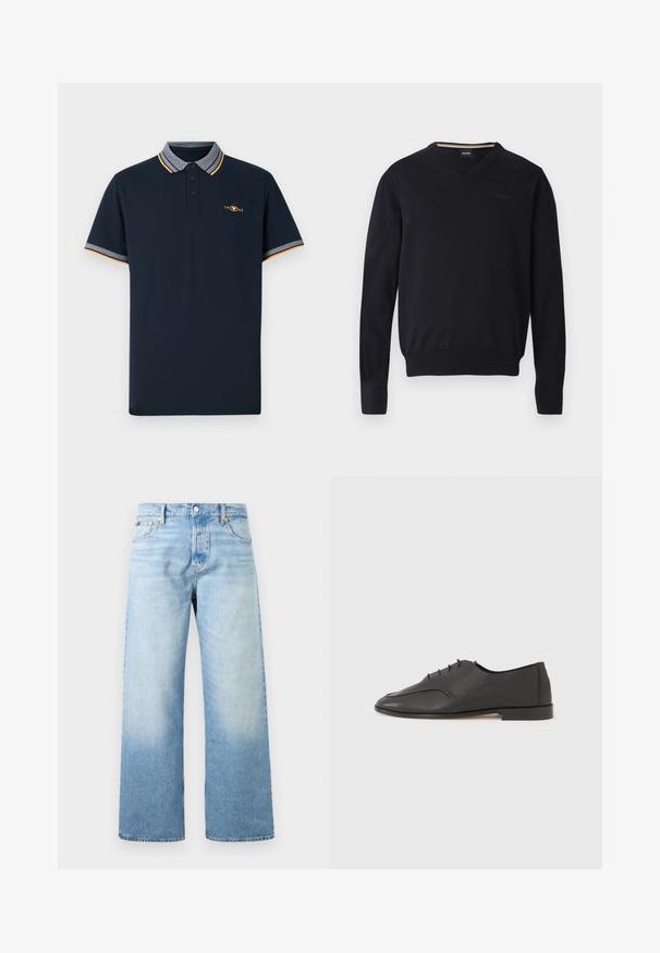 Sort v-hals sweater lavet af blødt strikket stof. Har lange ærmer, ribbede manchetter og kant samt præget logodetalje på brystet.; Marineblå polo skjorte lavet af bomuld, med krave og grå kant, orange accenter og tre-knap lukning. 1962 logo broderet.; Lyseblå denimjeans med høj talje, lige brede ben, forlommer samt knap- og lynlåslukning.; Sort lædersko med snørebånd, oxford-stil, med tekstureret overflade og lav hæl, vist i profil mod en ensartet lys grå baggrund.