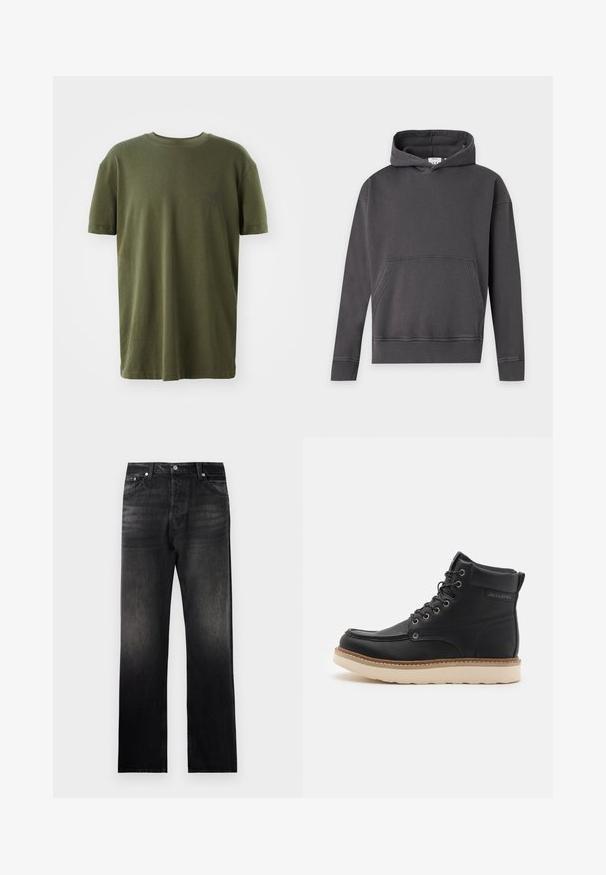 Sudadera con capucha gris oscuro tipo pulóver con bolsillo frontal, mangas largas y puños y bajo acanalados sobre fondo neutro.; Camiseta de color verde oliva en algodón, con mangas cortas, cuello redondo y un pequeño logo impreso en azul oscuro en el lado izquierdo del pecho.; Jeans de mezclilla negra con un corte recto, que presentan un efecto degradado descolorido, diseño de cinco bolsillos y acentos de hardware metálico.; Bota de cuero negra con suela de goma beige, punta redonda y diseño de cordones. Presenta detalles de costura y marca en el lado.