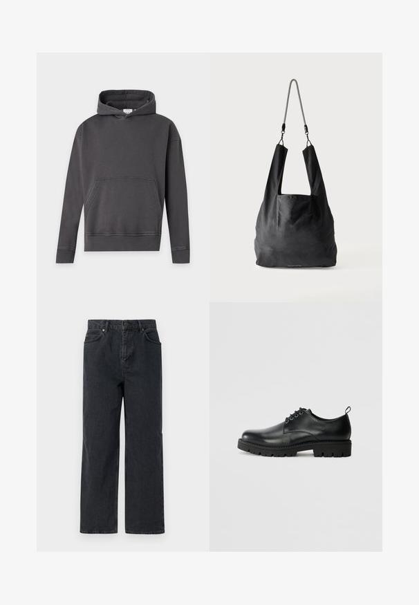 Tumehall pullover-tüüpi kapuutsiga dressipluus ees tasku, pikad varrukad ning soonikkoes mansetid ja alumine äär neutraalsel taustal.; Tumed sinised denimbüksid laia jala, viie tasku disaini ja nööpkinni. Sisaldab vasktooni riistvara ja peent tekstuuri.; Mustad musta nahast king, millel on ümar varvas, nööbiga disain, tugev must kummitald ja väike kand tõmbetabaldil taga.; Mustast pehmest kangast käekott laia käepidemega ja õhuke must-valge palmikuga õlarihmaga.