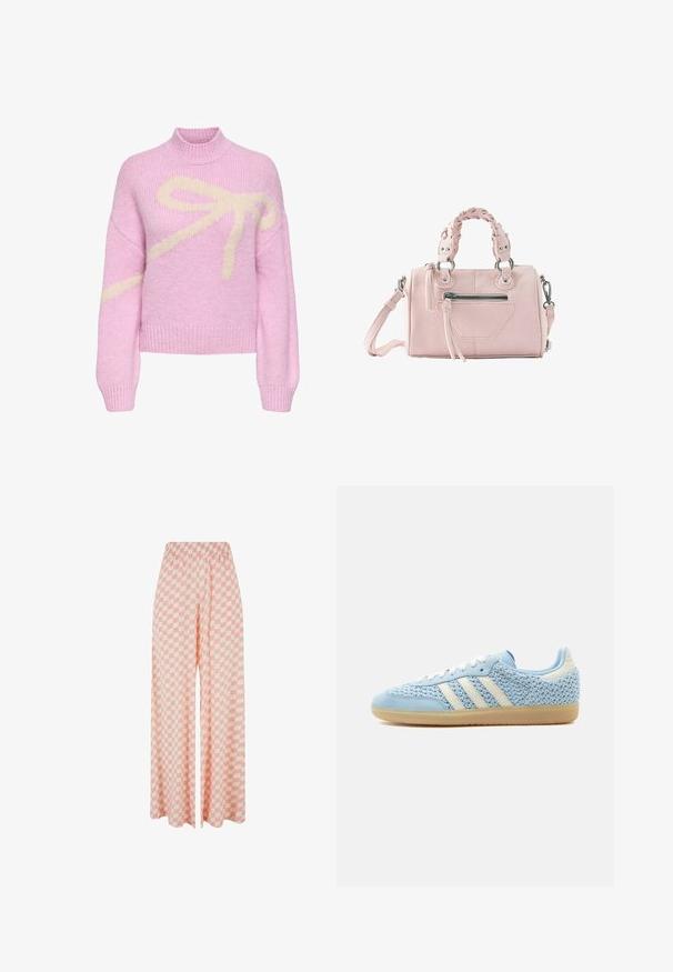 Pull en maille rose avec un motif de nœud crème sur le devant, col montant côtelé, manches longues bouffantes et poignets et ourlet côtelés.; Pantalon à jambes larges avec un motif à carreaux rose et blanc et une taille élastique, présenté sur un fond blanc uni.; Baskets basses avec tige en tissu bleu clair tissé, rayures blanches, lacets blancs, bout en cuir suédé bleu clair et semelle en caoutchouc naturel.; Petit sac à main rose clair avec poignées tressées, une poche avant zippée et une bandoulière réglable avec fermoirs métalliques.