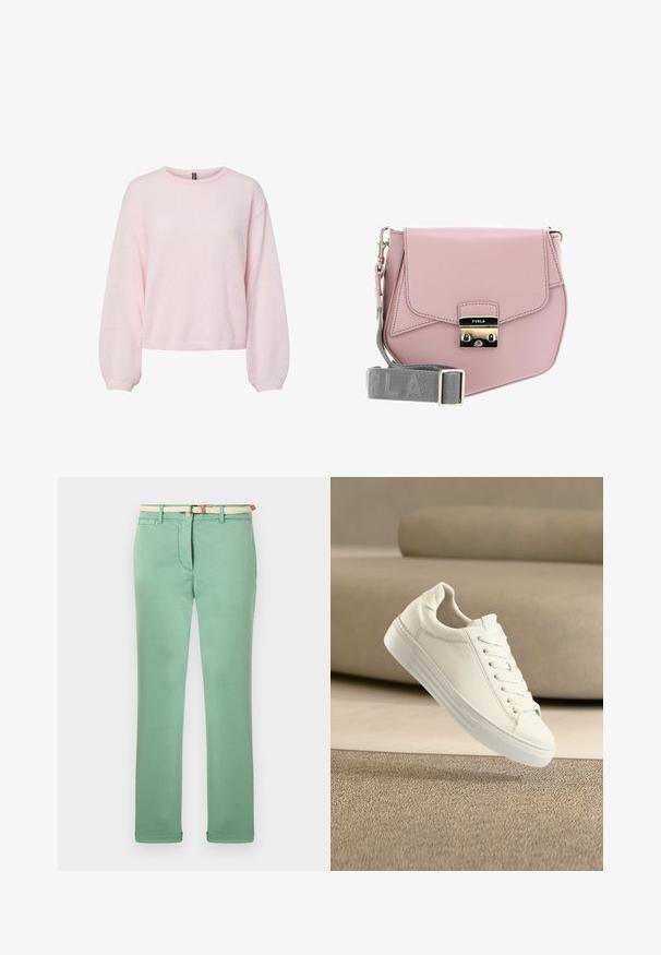 Suéter de punto rosa claro con mangas largas abullonadas, puños acanalados, cuello redondo y dobladillo ligeramente corto.; Pantalones verde claro de algodón, con un diseño de pierna recta, cinturón de tejido beige y bolsillos frontales. Textura suave con costuras mínimas.; Zapatilla blanca de cuero con cordones flotando sobre una alfombra beige texturizada, con un sofá beige en el fondo desenfocado.; Bolso cruzado de cuero rosa con cierre de solapa, hardware plateado y una correa gris con el nombre de la marca. Textura suave, diseño minimalista.