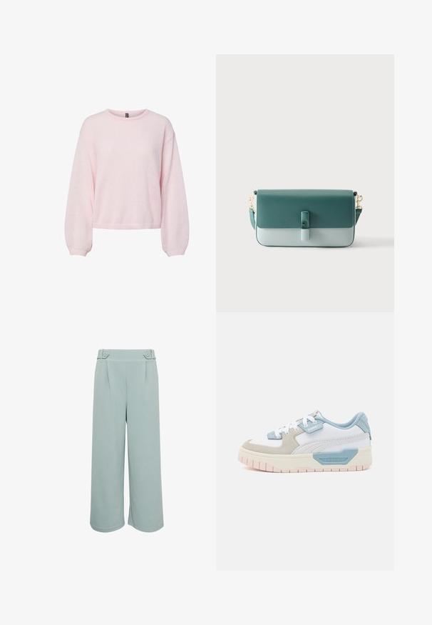 Pull tricoté rose clair avec manches ballon longues, poignets côtelés, encolure ronde et ourlet légèrement raccourci.; Pantalons larges bleu clair avec une texture lisse, dotés de deux plis à l'avant et d'accents de boutons décoratifs à la taille.; Baskets avec une tige en cuir blanc, des accents bleu clair, des panneaux en suède beige et une semelle en caoutchouc rose texturée ; logo brodé sur le côté.; Sac à main rectangulaire en cuir vert bicolore avec fermeture à rabat, boucle frontale et bandoulière amovible avec attaches dorées.