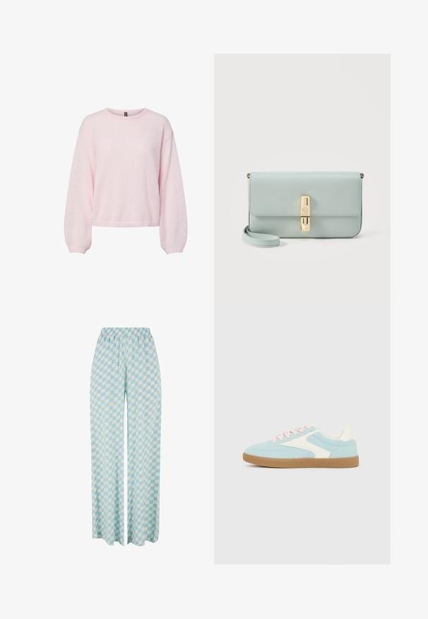 Suéter de punto rosa claro con mangas largas abullonadas, puños acanalados, cuello redondo y dobladillo ligeramente corto.; Pantalones de pierna ancha de color azul claro con un patrón a cuadros en tonos alternos, con una cinturilla elástica para mayor comodidad.; Zapatilla deportiva azul claro y blanca con cordones rosas y suela de goma marrón, vista lateral sobre fondo liso gris claro.; Bolso de mano de cuero azul claro con cierre rectangular dorado y correa de muñeca desmontable sobre fondo blanco.