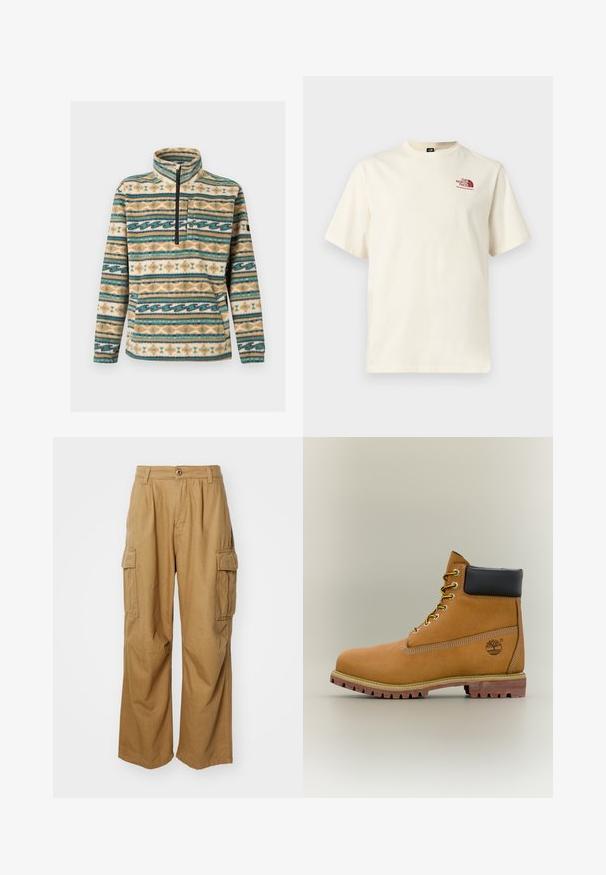 Fleece-trøje med lynlåshals, brystlomme, kængurulomme og vandrette striber i beige, teal, hvid og brune geometriske mønstre.; Kortærmet off-white T-shirt med bordeaux "The North Face"-logo på venstre bryst, rund hals, ensfarvet design.; Tan cargo bukser med lige ben design, der har to sidelommer og knaplukning. Fremstillet af et blødt, holdbart stof.; Brun læderankelstøvle med sort krave, gule snørebånd og tanfarvet sål. Har logo og hvide syninger som detalje. Robust ydersål med greb.