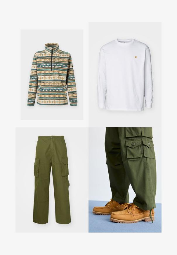 Polaire à enfiler avec col zippé, poche poitrine, poche kangourou et rayures horizontales en motifs géométriques beige, bleu sarcelle, blanc et marron.; T-shirt à manches longues blanc en coton. Présente un petit logo doré sur la poitrine et un col rond. Design simple et coupe standard.; Pantalons cargo vert olive en tissu résistant, avec deux poches latérales, une coupe décontractée et une fermeture à boutons à la taille.; Timberland AUTHENTIC 3 EYE - Chaussures bateau - wheat